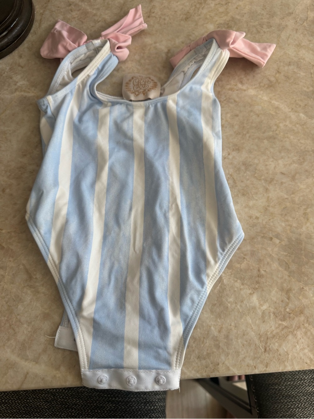 Girls' Light Blue & White Stripe One-Piece with Pink Tie Straps
